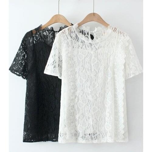 Womens Clothing Blouses&Shirts Plus Size 2021 Summer Loose Show Thin And Sexy Lace Double Layer Short Sleeve Tops