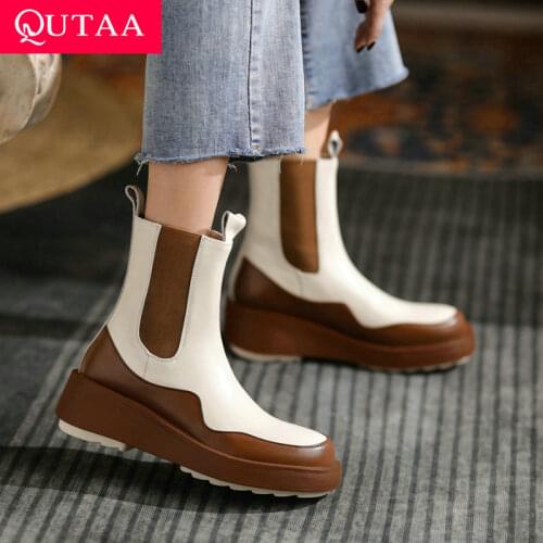 QUTAA 2022 Platform Genuine Leather Ankle Boots Round Toe Winter Women Shoes Slip On Square Med Heel Chelsea Boots Size 34-41