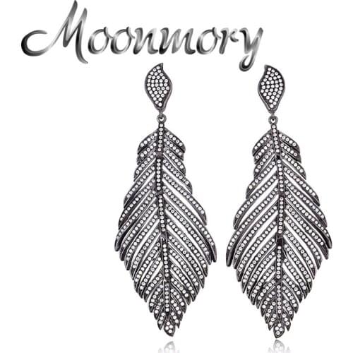Moonmory 925 Sterling Silver Full Zircon Big Feather Dangle Drop Earring For Women Vintage Black Ohrring Jewelry With Piercing