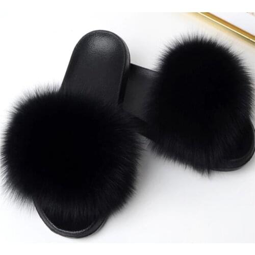 Womens Winter Real Fox Fur Slippers Cute Fluffy Furry Sandals Woman fur Slides Female Plush Flip Flops Indoor Warm Home Shoes