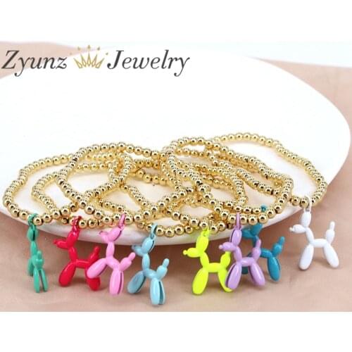 5PCS, Enamel Poodle Balloon Dog Animal Charm Bracelet Gold Beads Elastic Bracelet For Women Girls Teens Girlfriends