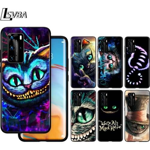 Wonderland Cat For Huawei P40 P30 P20 P10 Pro Lite E Plus 4G 5G P9 P8 Lite P Smart Z S Plus Soft Black Phone Case