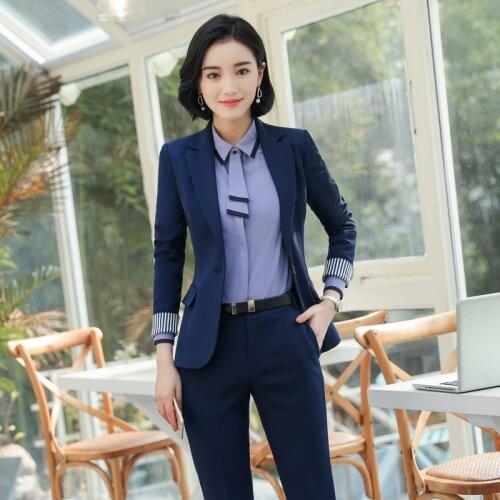 IZICFLY Summer Autumn Style Blue Uniform Business Suits with Trouser Elegant Slim Office Blazer Set For Women Work Wear-Thick