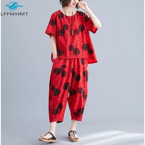 Women Summer Fashion Printed Cotton Linen Suits Short Sleeve Loose T-shirt Casual Loose Cropped Harem Pants Sets Female Twinsets