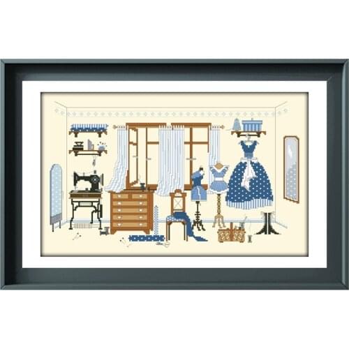 Small sewing room Dreampattern counted cross stitch kits embroidery needlework sets 18ct 14ct 11ct light yellow DIY handmade