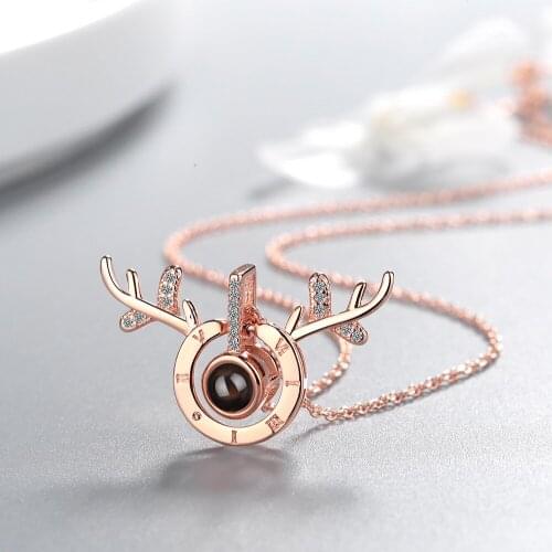 Fashion Elk Necklace Women Girl 100 Languages I Love You Clavicle Chain Projection Pendant Necklaces Wedding Engagement Gift