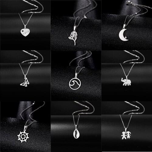 KSRA Fashion Vintage Stainless Steel Pendant Necklace For Women Lovers Animal Moon Star Flower Butterfly Shell Necklace Jewelry
