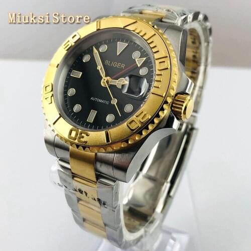 Bliger 40mm mens top luxury business watches sapphire glass stainless steel bezel date window GMT luminous automatic mens watch