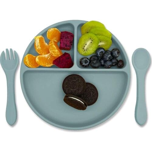 Baby Silicone Dining Plate set with Spoon Fork Solid Cute Cartoon Children Dishes Training Tableware Kids Feeding Bowls set