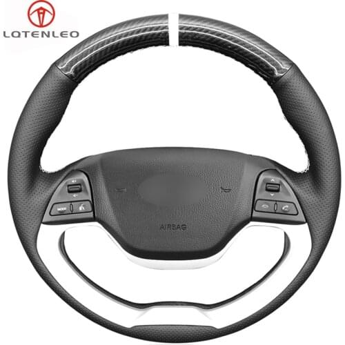 LQTENLEO Black Genuine Leather Carbon Fiber Car Steering Wheel Cover For Kia Morning 2011-2016 Picanto 2011-2015 Ray 2012-2018