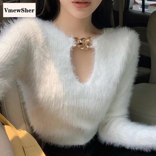VmewSher New White Mohair Thick Chain V-neck Sweater Autumn Winter Sexy Fashion Long Sleeve Casual Solid Short Pullover Jumper