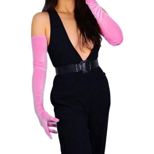 VELVET GLOVES 70cm 28" Extra Long Stretchy Elastic Flannel Light Hot Pink Women Velour Gloves Touch Screen WSR37