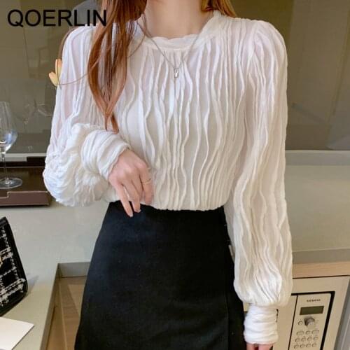 QOERLIN Long Sleeve Textured Blouse Women O-Neck Puff Sleeve Blouse Spring Autumn Loose Soft Tops Shirts Female Streetwear S-2XL
