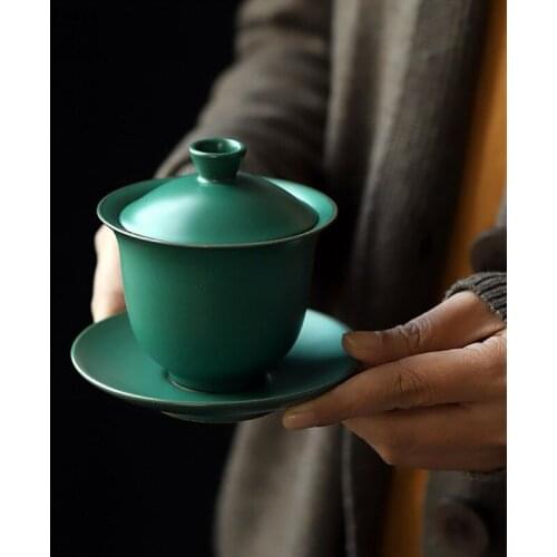 Retro ceramic cover bowl teacup big Kung Fu tea set making three-color cover bowl respect teacup independent tea house supplies