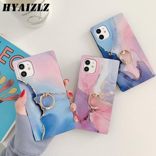 Luxury Square Marble Case for iPhone 12 mini 11 Pro Max XR XS 7 8 Plus SE 2020 Soft IMD Shockproof Cover Ring Holder Stand Coque