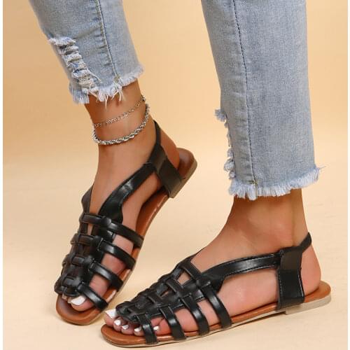 Flat Sandals Summer Outdoor Fashion Leather Flat Shoes Round Toe Elegent Slipper Adjustable Buckle Strap Casual Sandalias Mujer