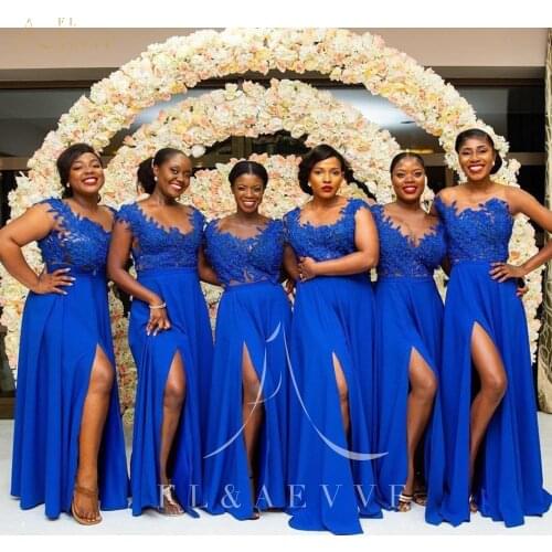 Sexy Blue Lace Side Split Bridesmaid Dresses for African Women Wedding Party Gowns Girl Prom Party Gowns Plus Size