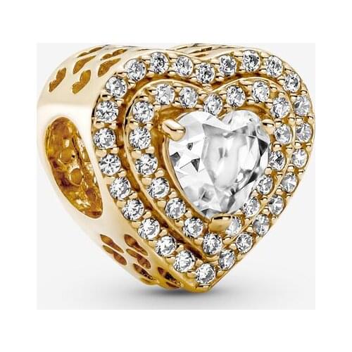 925 Sterling silver Sparkling Levelled Charms Golden heart Bead Fit Original Bracelet Women DIY Jewelry For Women