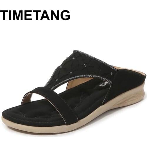 TIMETANG Summer New Hot Women Slippers Rhinestone Flower Flat Shoes Ladies Comfortable Casual Fashion Sandals Female
