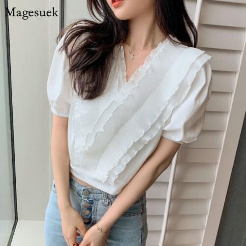 New V Neck Summer French Women Top 2021 Chic Ruffle Patchwork Retro Short White Blouse New Puff Short Sleeve Pleated Shirt 14420