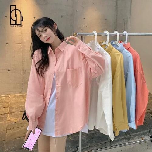 Luck A Autumn Vintage Loose Women Solid Shirts Korean Long Sleeve Pocket Single-breasted Oversize Female Simple Blouses Tops