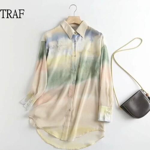 TRAF Za 2021 Tie Dye Womens Shirt Summer Loose Long Sleeve Top Woman Clothing Vintage Blouses Casual Plus Size Top Female Shirt
