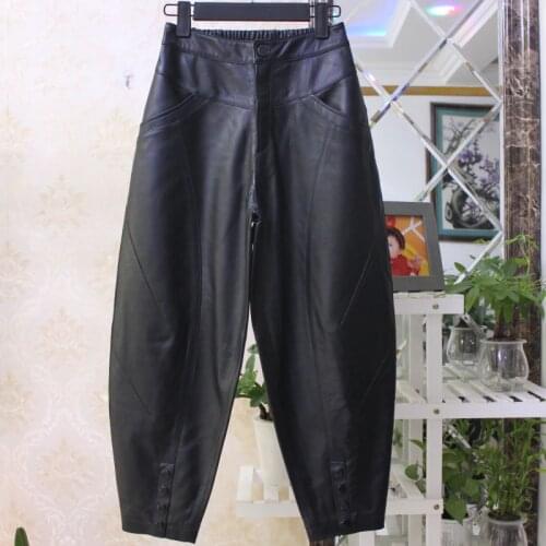 New Arrival Fashion womens leather casual ninth pants High quality genuine leather harem pants C164