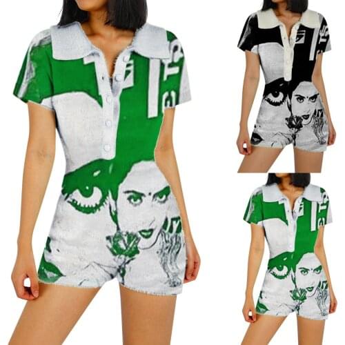 Y2K Women Face Print Close-fitting Overalls Variegated Color Turn-down Collar Short Sleeve for Daily Wear Going Out Dating Beach
