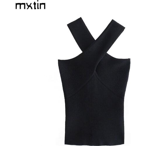 MXTIN 2021 Women Summer Vintage Black Cropped Knitted Tank Tops Fashion Cross Shoulder Straps Backless Female Camis Chic Tops