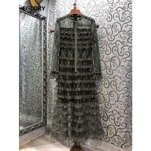 Top Quality New 2020 Autumn Winter Long Party Evening Vestidos Women Cascading Ruffle Flowers Deco Long Lace Maxi Dress Vestido