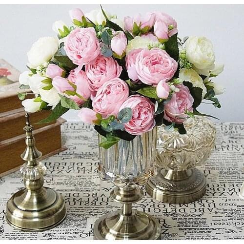 30 cm Rose Pink Silk Artificial Flowers Bouquet 5 Big Head and 5 Forks 4 Bud Cheap Fake Flowers for Home Wedding Decoration