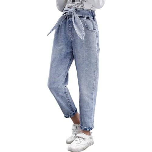 2020 Spring Kids Jeans Girl Solid Jeans For Girls Fashion Bow Girls Jeans Pants Autumn Casual Girls Clothes 6 8 10 12 14 Year