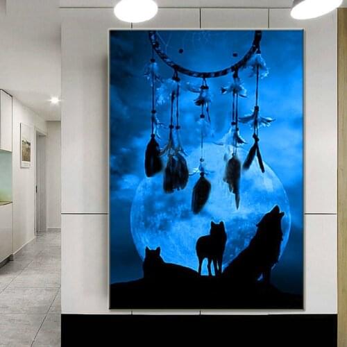 Full Drill Square Diamond Painting moon Wolf Picture Of Rhinestone 5D DIY Embroidery fantasy dream catcher Mosaic Animal I138
