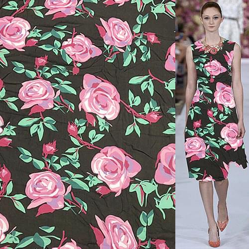 Red and green flower design on black bottom silk georgette gauze fabric,SCG390