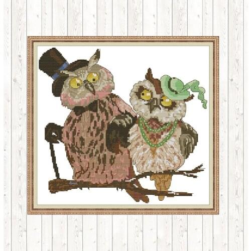 Joy Sunday Owl Couple Cross-stitch Set Animals Painting Aida Fabric for Embroidery Kit 14CT 11CT DMC DIY Crafts for Needlework