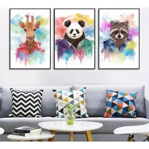 Panda Giraffe Wearing Clothes Abstract Colorful Animal Wall Art Poster Canvas Watercolor Painting Modern Living Room Home Decor