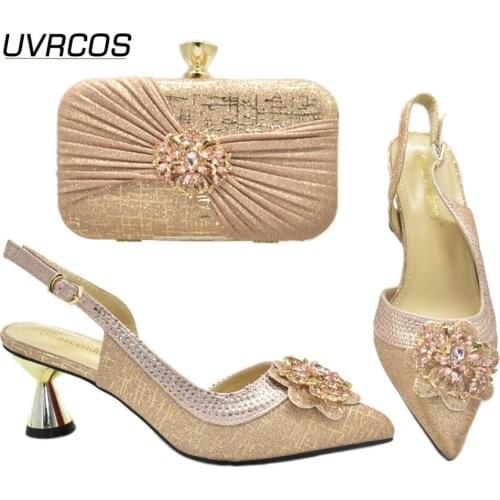 Italian Design Fashion Colorful Crystal Style Champagne Color Elegant African Women Shoes and Bag Set With Streamer Modeling