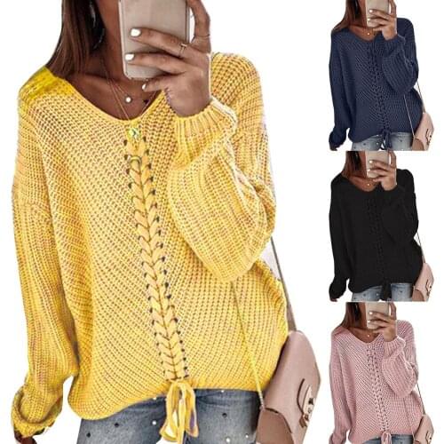 Fashion Sweater Women Solid Color V Neck Long Sleeve Sweater Drawstring Casual Knitted Sweater Grey pull femme sweatergen