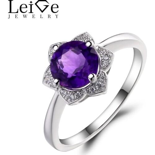 Leige Jewelry Natural Amethyst Wedding Engagement Ring 925 Sterling Silver Ring Purple Gemstone February Birthstone Round Cut