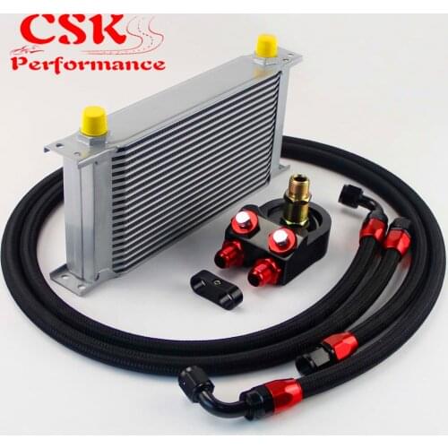 Universal 19 Row 248mm AN8 Engine Transmission Oil Cooler British Type + Aluminum Filter Adapter Kit Silver
