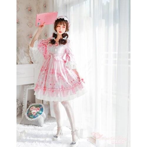 Princess tea party sweet lolita dress retro lace bowknot flare sleeve cute printing victorian dress kawaii girl gothic lolita op