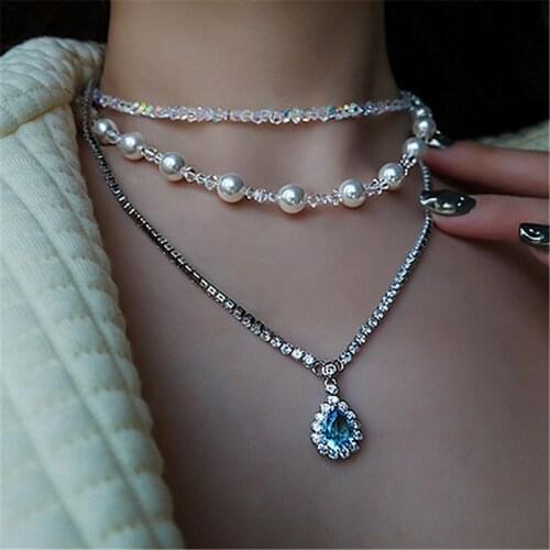 MWSONYA Vintage Multilayer Blue Water Drop Crystal Pendant Necklace for Woman Fashion Pearl Chain Ladies Banquet Jewelry Gift