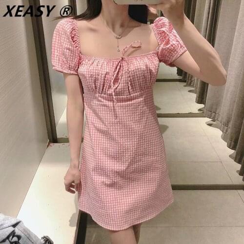 XEASY Za 2021 Pink Plaid Mini Dress Women Summer Square Neck Short Pleated Puff Sleeve Bow Dresses Elastic Back Cute Dress