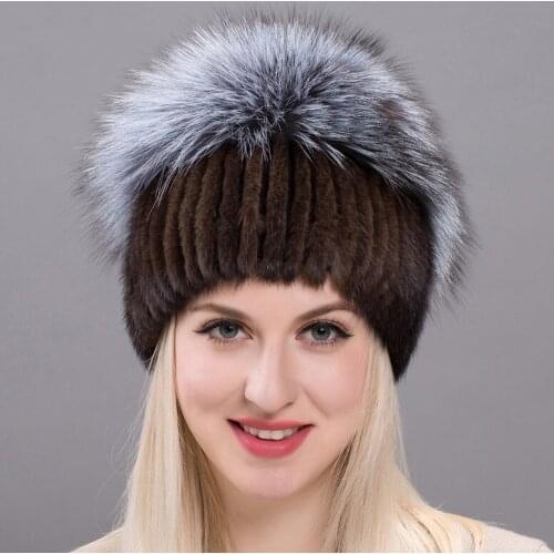 Womens Winter Mink Fur Hat Leather Knitted Otters Silver Fox Fur Ball Cap Women Russia Warm Hat Pompon New Fur Cap DHY17-23