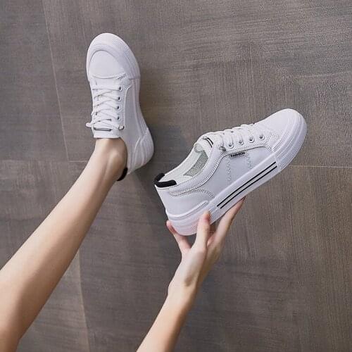 Autumn Platform Flats Women Sneakers Shoes Casual Vulcanize Shoes White Solid Leather Walking Running Sport Shoes Woman 2021