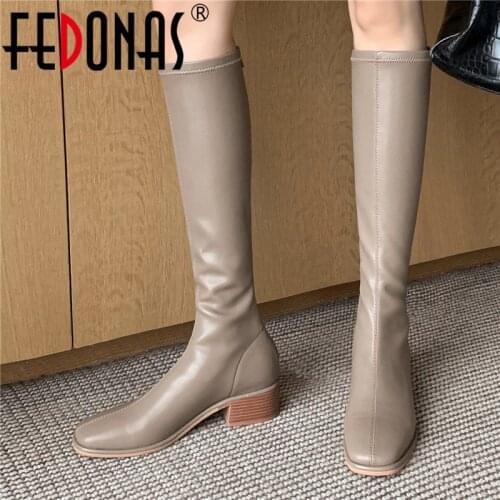 FEDONAS Side Zipper Knee High Boots Genuine Leather Thick Heels Shoes Woman Winter Quality Working Office Lady Shoes Woman