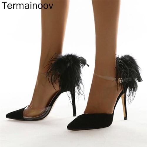 Termainoov Women Pumps High Heels Sexy Shoes Transparent PVC Feather Hollow Stiletto Heeled Big Size 42 Pointed Toe