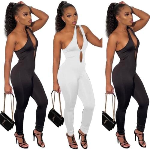 Casual Solid Fitness Black White Jumpsuit Women Sexy Hollow Out One Shoulder Backless Legging Bodycon Overalls for Women Romper