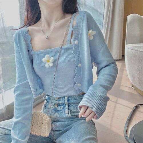 2 Piece Set Women Cardigan Ribbed Knitted Camisole Outfits Spring Autumn Flowers Short Tops Long Sleeve Cropped Camis Suit Sets