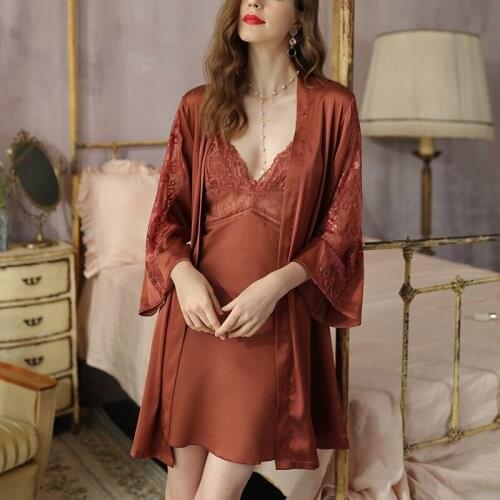 Sexy Robe Women Spring Autumn Ice Ribbon Chest Pad Thin Style Dew Back Suspender Nightdress Two Piece Set Lace 2021 New Style